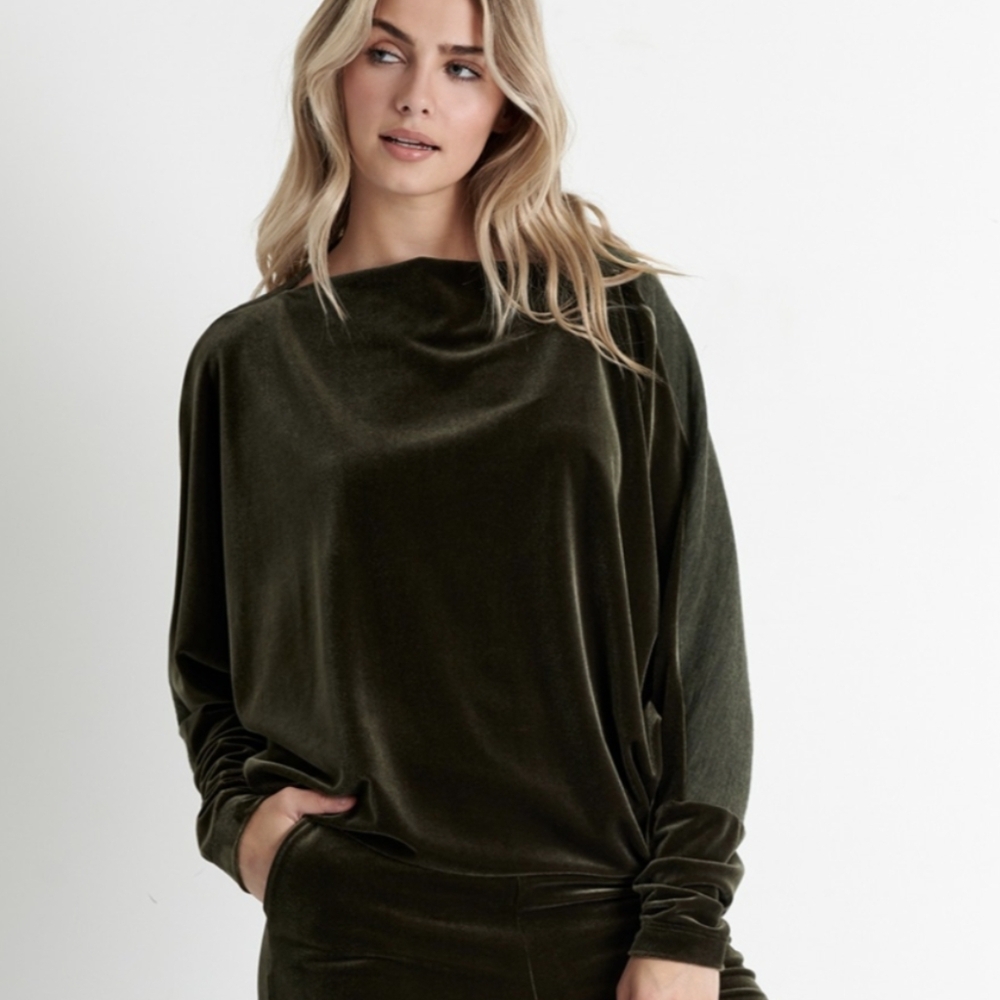 Shan velvet boat neck tunic shirt khaki green large one size
